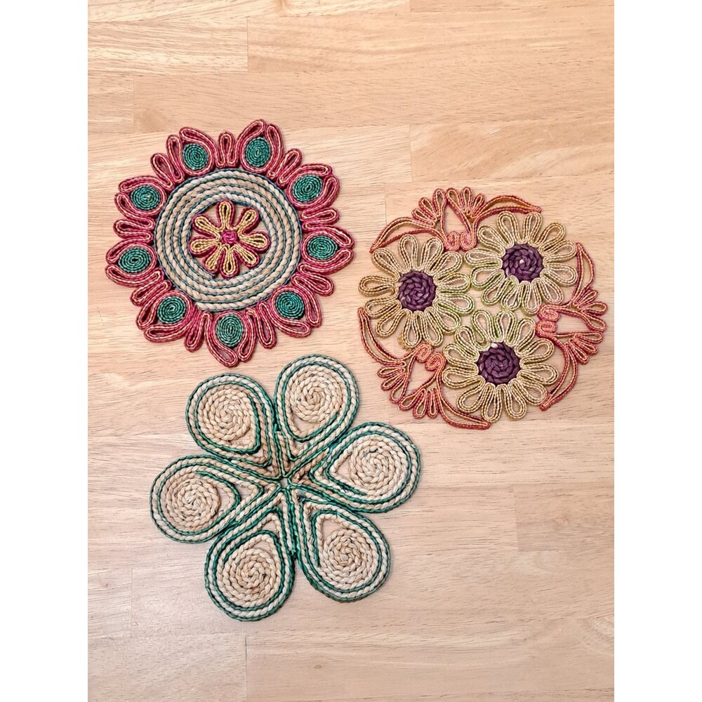 Vintage Woven Raffia Floral Hot Pad Pot Holder Trivet Set of 3